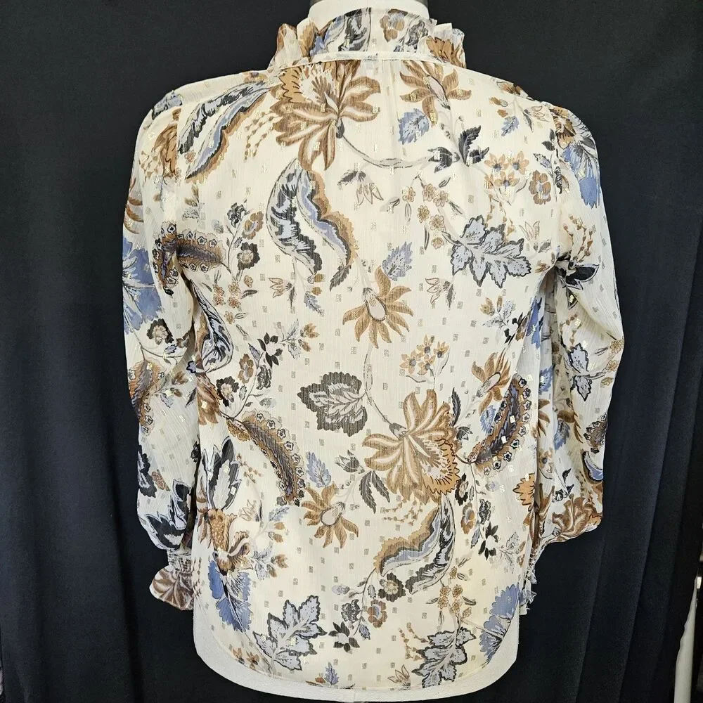 LOFT Size XS Womens Beige Floral Mock Neck Tie Long Puff Sleeve Blouse